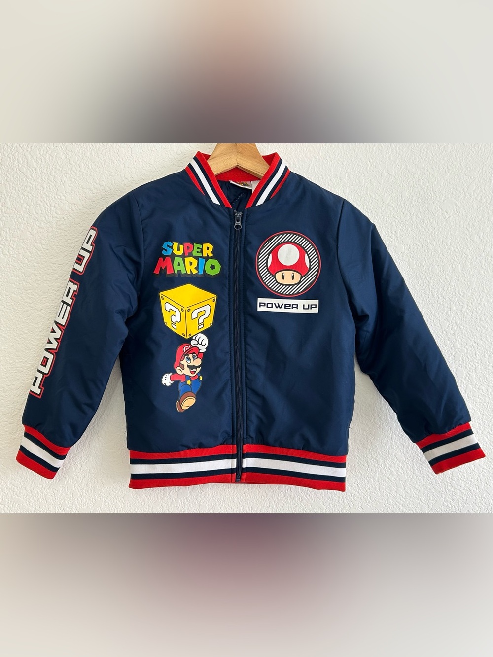 SUPER MARIO YOUTH SIZE 6/7 Navy Blue/Striped Varsity Bomber Jacket